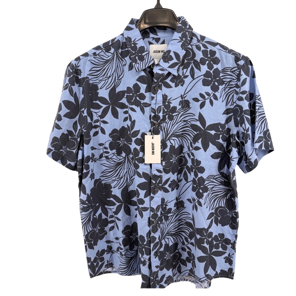 NEW Jason Wu Floral Camp Shirt‎ Mens Large Short Sleeve Blue Linen Viscose Blend